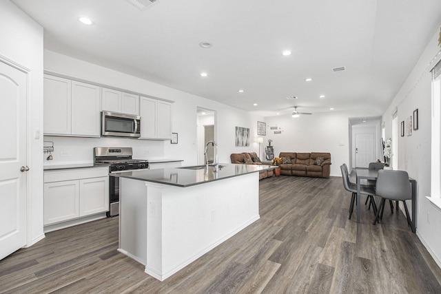 4984 Pismo Ray Dr, Katy, TX 77493 - kitchen featuring open floor plan, dark wood-style flooring, a sink, and stainless steel appliances