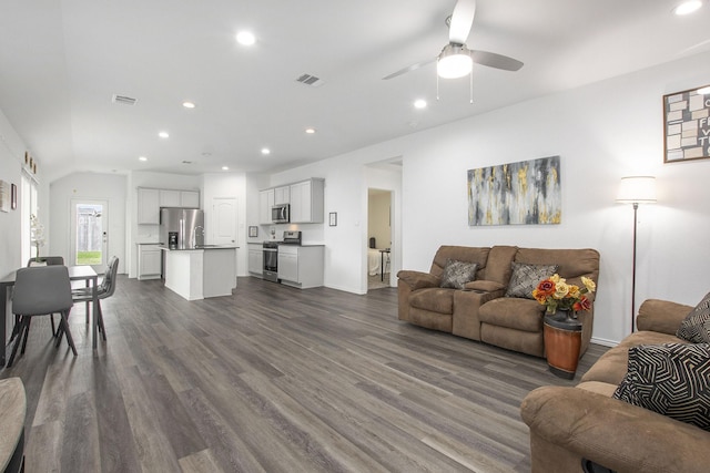 4984 Pismo Ray Dr, Katy, TX 77493 - living area with visible vents, recessed lighting, a ceiling fan, and dark wood finished floors