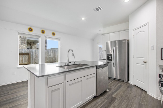 4984 Pismo Ray Dr, Katy, TX 77493 - kitchen featuring white cabinets, visible vents, dark wood finished floors, appliances with stainless steel finishes, and a sink