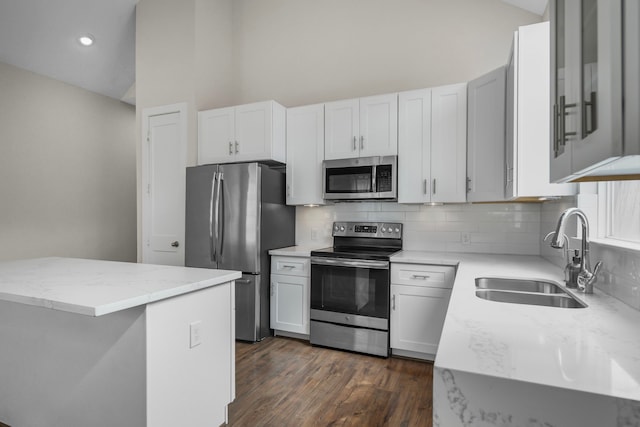 kitchen with appliances with stainless steel finishes, a sink, backsplash, dark wood-style floors, and light stone counters