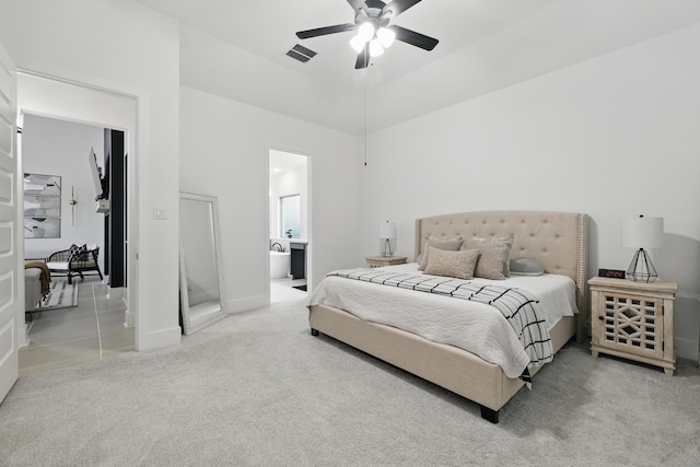 21134 Coral View Dr, Cypress, TX 77433 - bedroom with visible vents, carpet flooring, a ceiling fan, and ensuite bathroom
