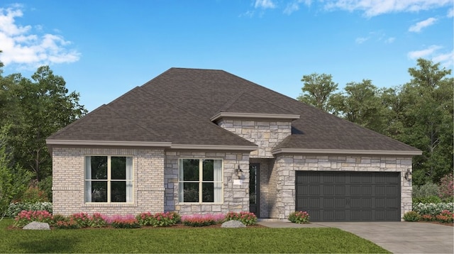 31319 Hastings Creek Ln, Fulshear, TX 77441 - french provincial home with a garage, stone siding, a shingled roof, driveway, and a front lawn