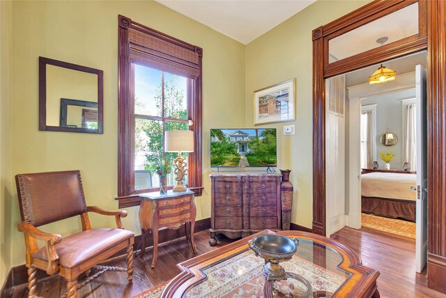 living area featuring baseboards and wood finished floors