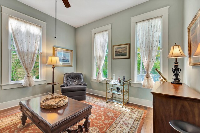 living area with baseboards, ceiling fan, and wood finished floors