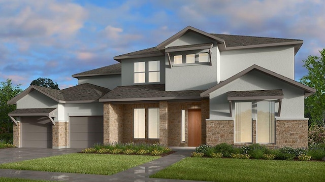 view of front of property with stone siding, driveway, a garage, and stucco siding
