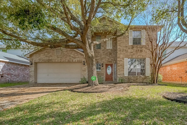 traditional-style house featuring driveway, brick siding, a garage, and a front lawn