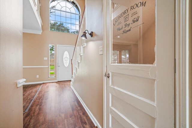 entryway featuring baseboards, stairs, and wood finished floors