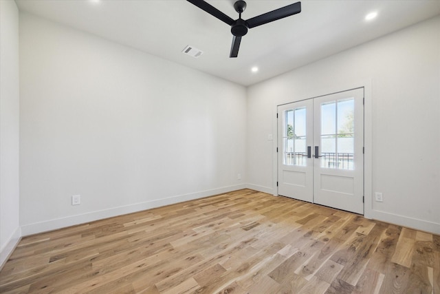 519 Milwaukee St, Houston, TX 77009 - empty room with visible vents, recessed lighting, a ceiling fan, light wood-type flooring, and french doors
