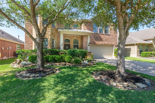 14711 E Ginger Spice Ct, Cypress, TX 77433 - traditional-style home with an attached garage, driveway, a front lawn, and brick siding