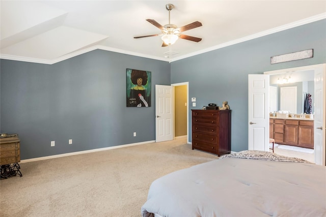 14711 E Ginger Spice Ct, Cypress, TX 77433 - bedroom featuring light colored carpet, ornamental molding, lofted ceiling, baseboards, and ceiling fan