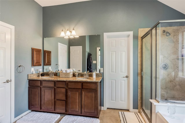 14711 E Ginger Spice Ct, Cypress, TX 77433 - full bath featuring a shower stall, tile patterned flooring, a chandelier, and double vanity