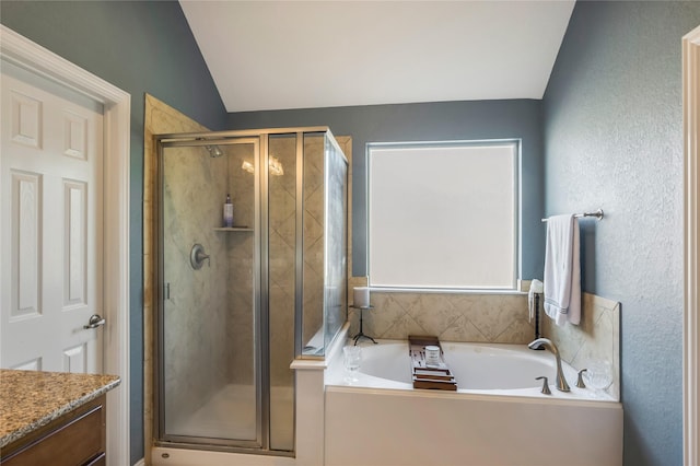 14711 E Ginger Spice Ct, Cypress, TX 77433 - bathroom with a stall shower, a bath, lofted ceiling, and vanity