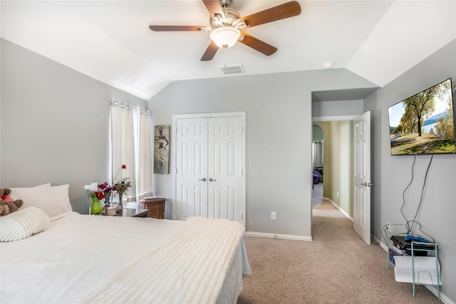 14711 E Ginger Spice Ct, Cypress, TX 77433 - bedroom with vaulted ceiling, light colored carpet, a closet, baseboards, and ceiling fan