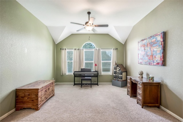 14711 E Ginger Spice Ct, Cypress, TX 77433 - living area featuring ceiling fan, carpet floors, lofted ceiling, and baseboards
