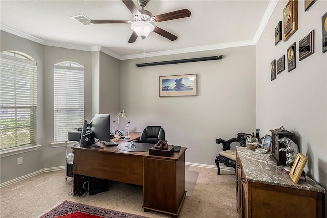 14711 E Ginger Spice Ct, Cypress, TX 77433 - office area with light carpet, crown molding, ceiling fan, plenty of natural light, and baseboards
