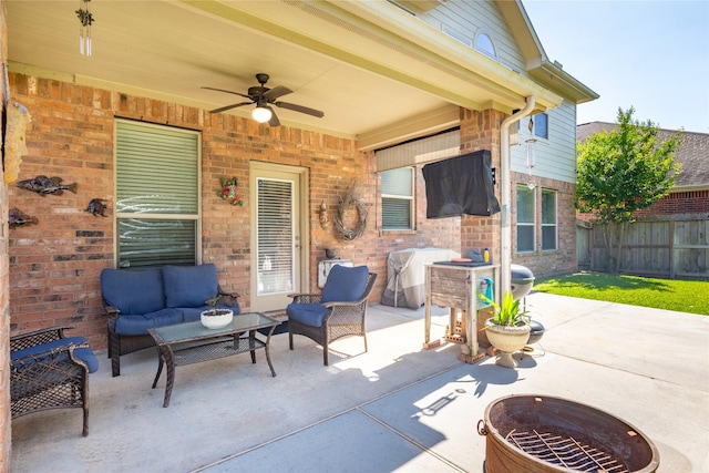 14711 E Ginger Spice Ct, Cypress, TX 77433 - view of patio featuring an outdoor hangout area, a ceiling fan, and fence
