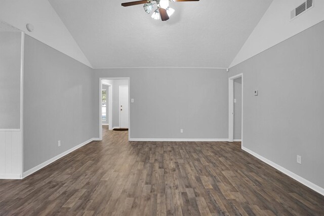 9611 Huntington Hill Dr, Houston, TX 77099 - unfurnished living room featuring vaulted ceiling, a ceiling fan, dark wood finished floors, and baseboards