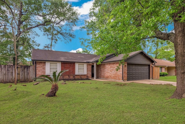 3306 Brookdale Dr, Houston, TX 77339 - ranch-style home with fence, an attached garage, a front lawn, and brick siding