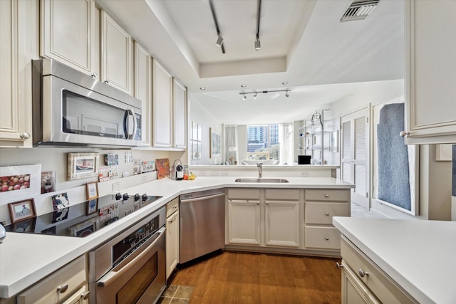 kitchen featuring wood finished floors, stainless steel appliances, rail lighting, light countertops, and a sink