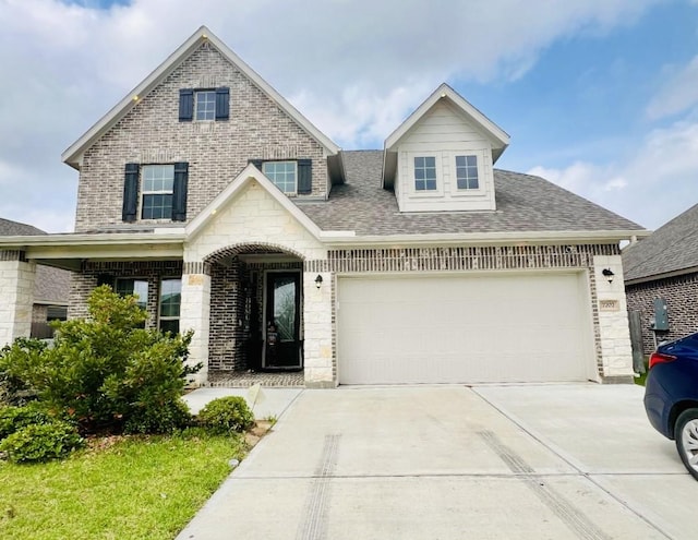 7707 Wrightwood Dr, Pasadena, TX 77505 - view of front of home with stone siding, concrete driveway, a shingled roof, and an attached garage