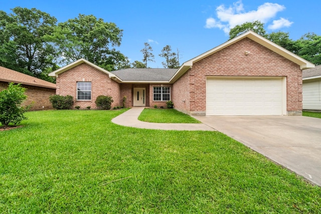 ranch-style home featuring roof with shingles, a front yard, a garage, brick siding, and concrete driveway