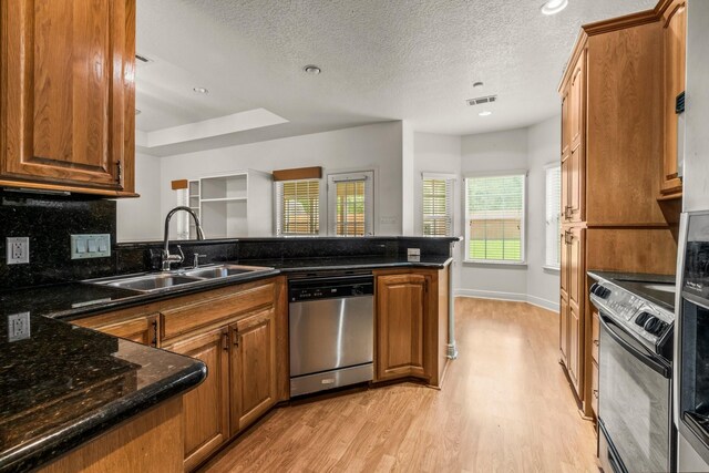 104 Mccardell Ln, Livingston, TX 77351 - kitchen with range with electric cooktop, dishwasher, a sink, a peninsula, and light wood-style flooring