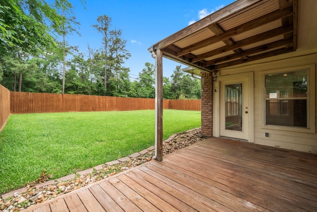 wooden deck with a lawn and a fenced backyard