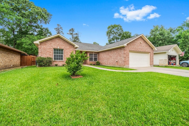 ranch-style house with an attached garage, driveway, a front lawn, and brick siding