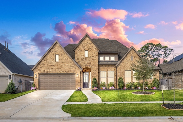 view of front of house with roof with shingles, concrete driveway, brick siding, a lawn, and a garage
