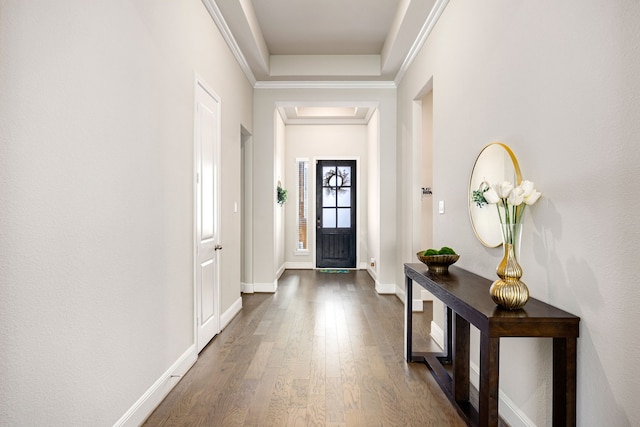 entryway featuring a raised ceiling, ornamental molding, dark wood-style floors, and baseboards