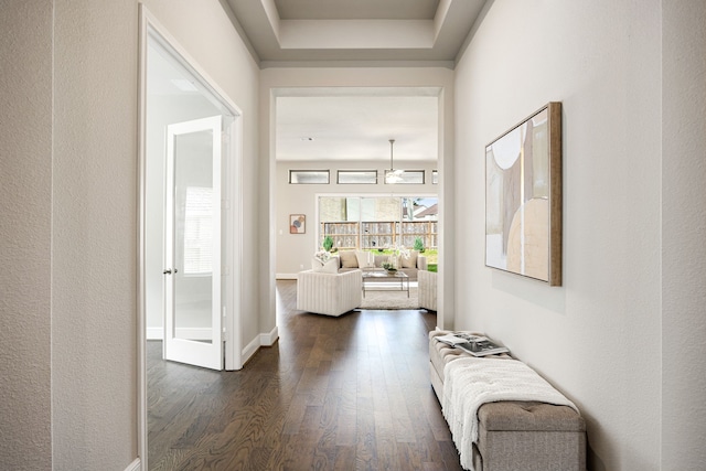 hallway featuring baseboards, dark wood-style floors, and a raised ceiling