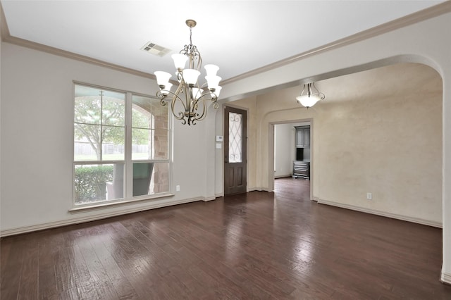 4510 Sanctuary Trails Dr, Spring, TX 77388 - unfurnished dining area featuring dark wood finished floors, arched walkways, ornamental molding, a chandelier, and baseboards