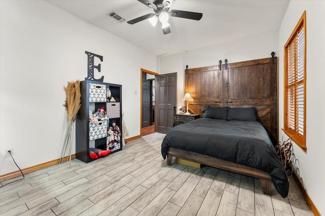 bedroom featuring baseboards, light wood-style flooring, and visible vents