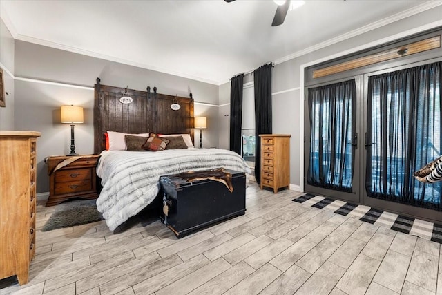 bedroom featuring access to outside, ornamental molding, a ceiling fan, and wood finished floors