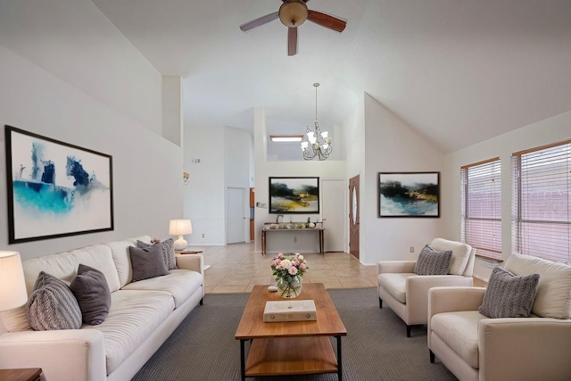 13322 Chaston Dr, Houston, TX 77041 - living room featuring high vaulted ceiling, ceiling fan, a chandelier, and light tile patterned floors