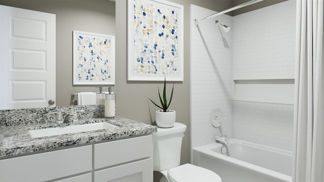 bathroom featuring shower / bathtub combination with curtain, toilet, and vanity