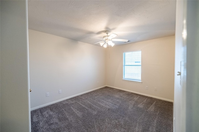 empty room featuring baseboards, a ceiling fan, carpet flooring, and a textured ceiling