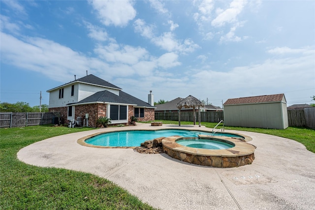 view of pool featuring a fenced backyard, a shed, an outdoor structure, and a lawn