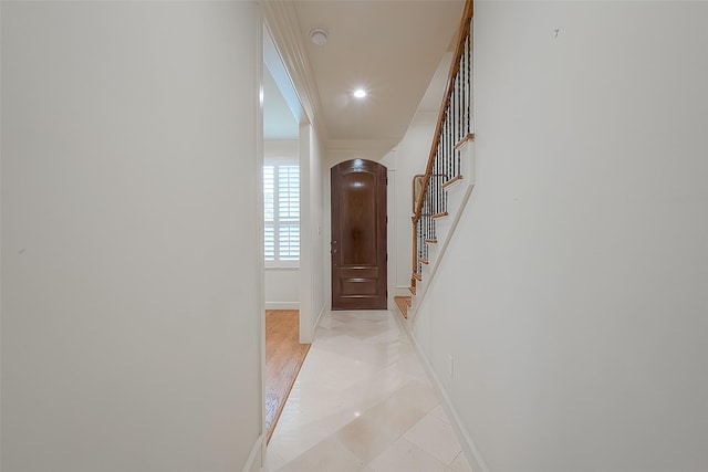 1804 Haddon St, Houston, TX 77019 - hallway with baseboards, stairway, light tile patterned floors, recessed lighting, and crown molding