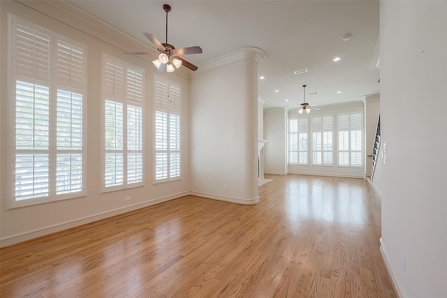 1804 Haddon St, Houston, TX 77019 - empty room with a ceiling fan, ornamental molding, baseboards, light wood finished floors, and recessed lighting