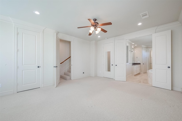 1804 Haddon St, Houston, TX 77019 - unfurnished bedroom featuring recessed lighting, light carpet, ornamental molding, ensuite bathroom, and baseboards
