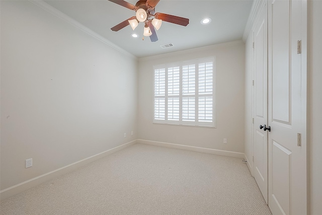 1804 Haddon St, Houston, TX 77019 - spare room featuring crown molding, a ceiling fan, light colored carpet, baseboards, and recessed lighting