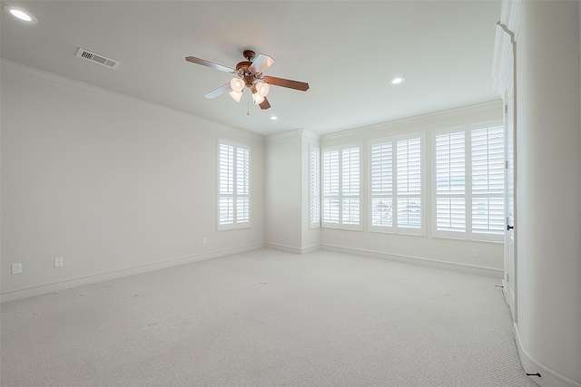 1804 Haddon St, Houston, TX 77019 - empty room featuring crown molding, ceiling fan, recessed lighting, baseboards, and light carpet