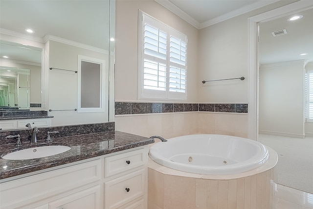 1804 Haddon St, Houston, TX 77019 - bathroom featuring a jetted tub, vanity, crown molding, and recessed lighting