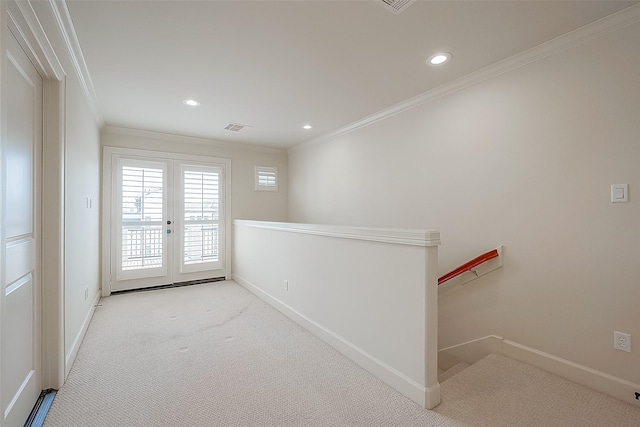 1804 Haddon St, Houston, TX 77019 - hallway featuring an upstairs landing, carpet, ornamental molding, baseboards, and recessed lighting