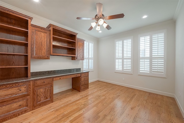 1804 Haddon St, Houston, TX 77019 - unfurnished office with built in desk, a ceiling fan, ornamental molding, light wood-type flooring, and recessed lighting