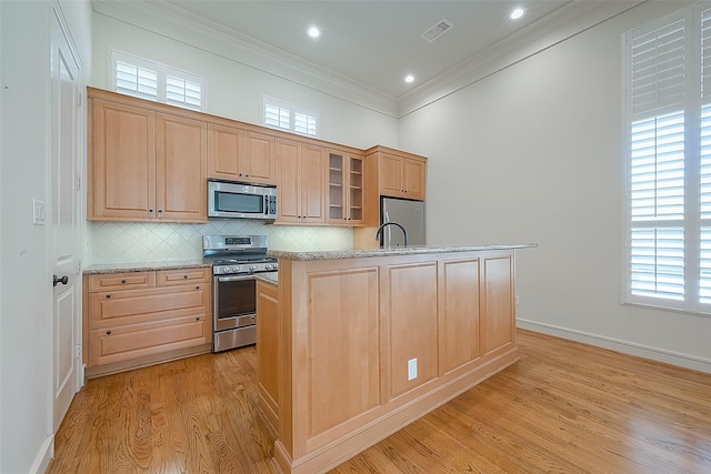 1804 Haddon St, Houston, TX 77019 - kitchen with stainless steel appliances, light wood-style floors, decorative backsplash, glass insert cabinets, and crown molding