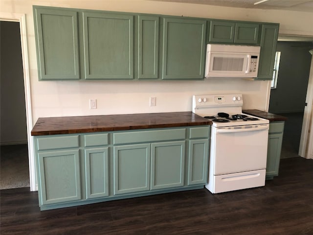 606 N Danville St, Willis, TX 77378 - kitchen with white appliances, butcher block countertops, green cabinets, and dark wood-style flooring