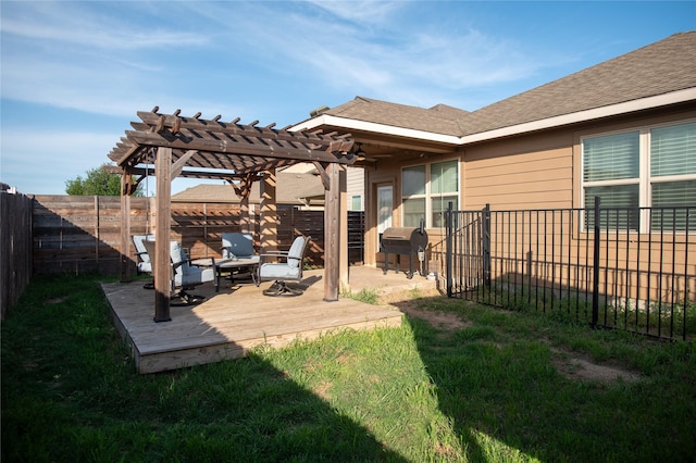 view of yard featuring a pergola and a wooden deck