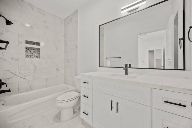 full bath with marble finish floor, vanity, shower / bath combination, and toilet